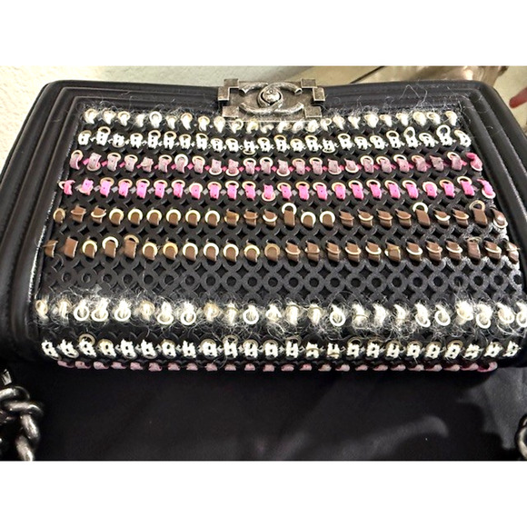 Chanel TWEED WOVEN Medium Boy Flap Bag Embellished Black Lambskin Box & Dustbag - Picture 6 of 16